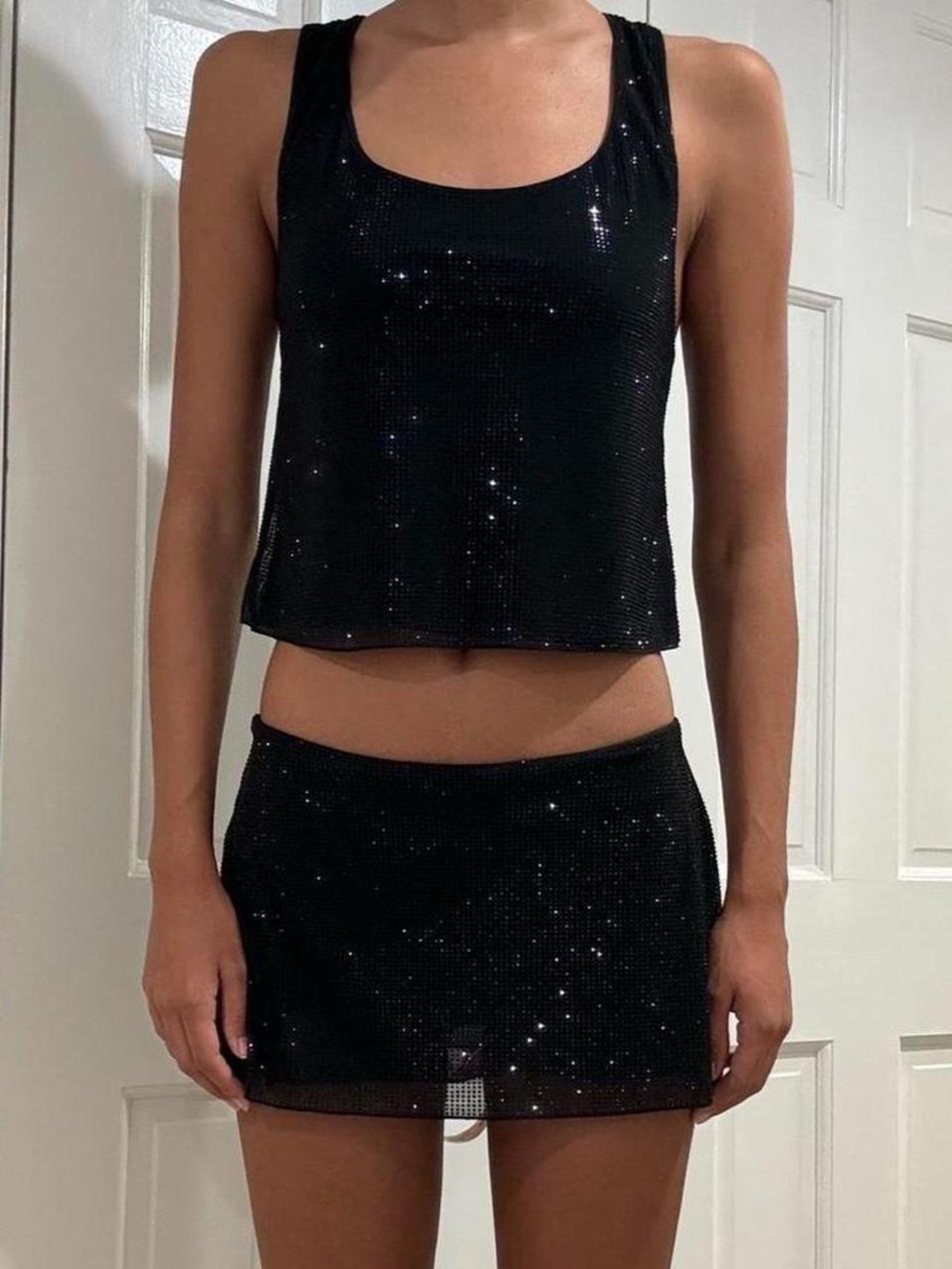 Oh Polly Asta Embellished Mini Skirt in Black & Aine Embellished Racerback Top
